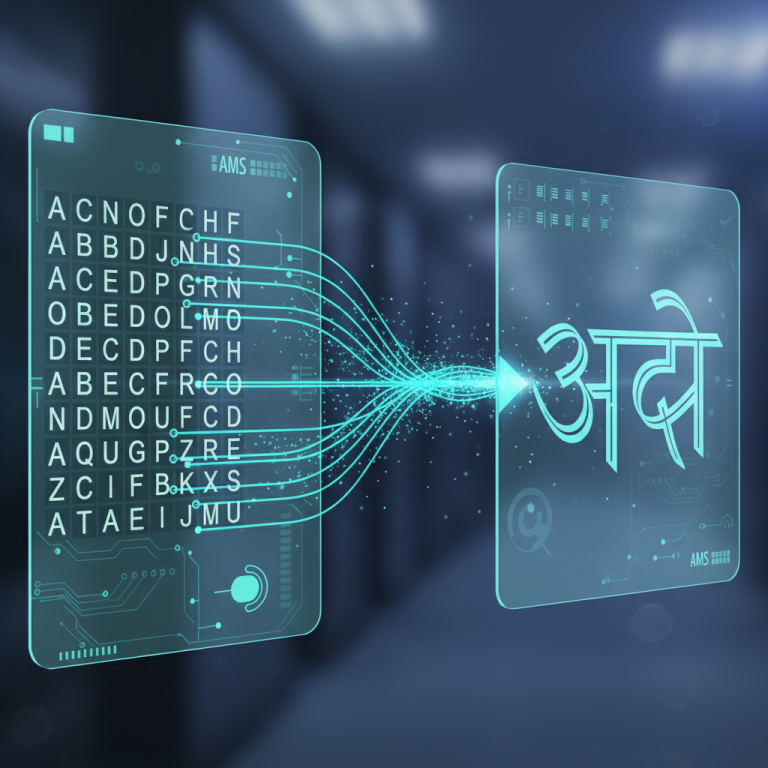 A digital screen showing the Unicode to AMS Converter process flow.