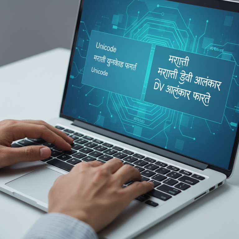 Hands using a computer to run a Unicode to DV Alankar Marathi font converter