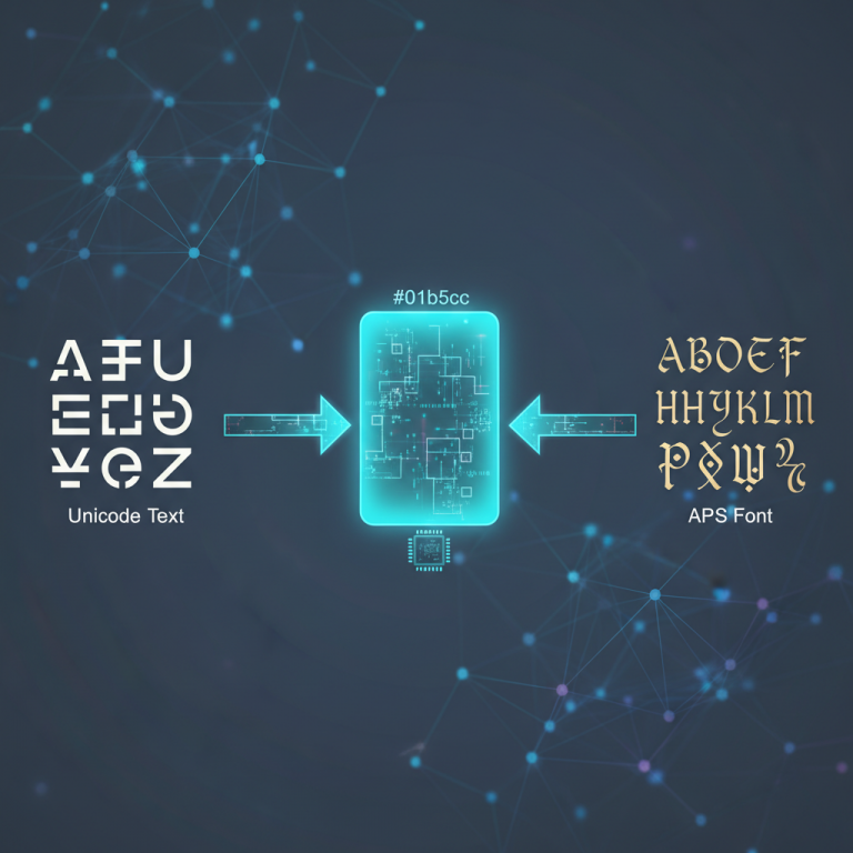 युनिकोड ते एपीएस फॉन्ट कनवर्टर प्रक्रिया दर्शविणारे ग्राफिक्स.