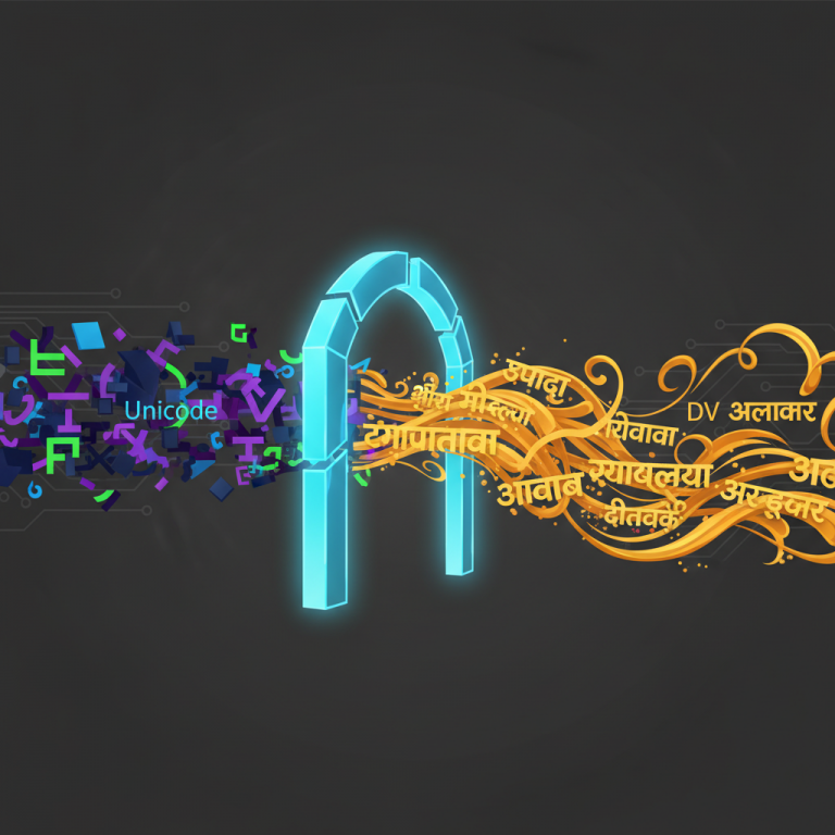 युनिकोड ते डीव्ही अलंकार कन्व्हर्टर प्रक्रिया दर्शवणारे ग्राफिक