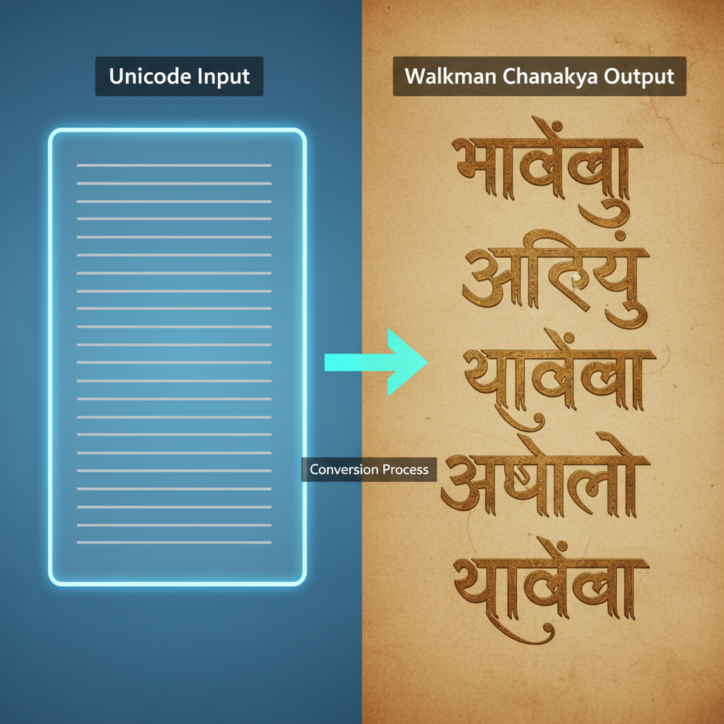 Converting Unicode to Walkman Chanakya Illustrating the step-by-step conversion from Unicode to Walkman Chanakya using an online tool.