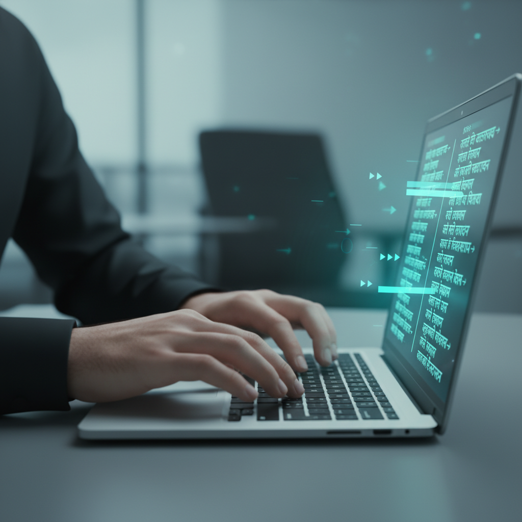 जलद फॉन्ट रूपांतरण जलद युनिकोड ते डीजी कनवर्टर वापरून टायपिंग करणारा व्यक्ती