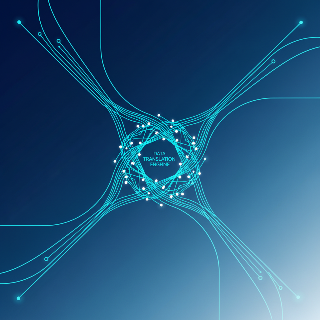 Abstract graphic showing data compatibility and font translation flow.