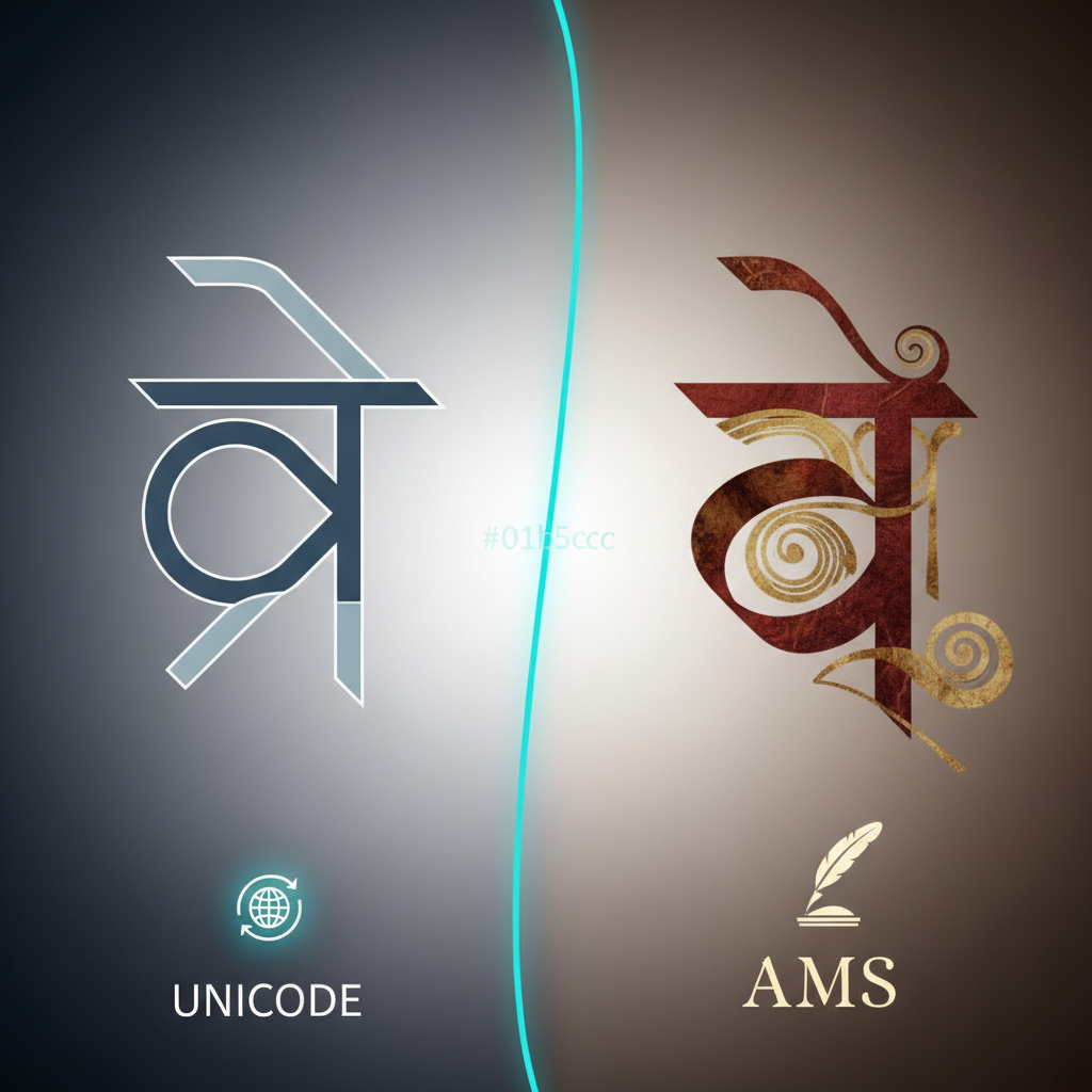 यूनिकोड बनाम एएमएस यूनिकोड और एएमएस फॉन्ट की तुलना दर्शाने वाला विज़ुअल।