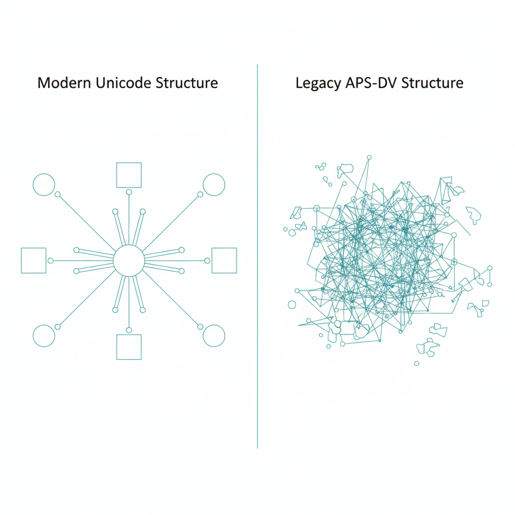यूनिकोड बनाम लेगेसी फॉन्ट यूनिकोड और APS-DV फॉन्ट प्रणालियों के बीच वैचारिक अंतर को दर्शाने वाला ग्राफिक।