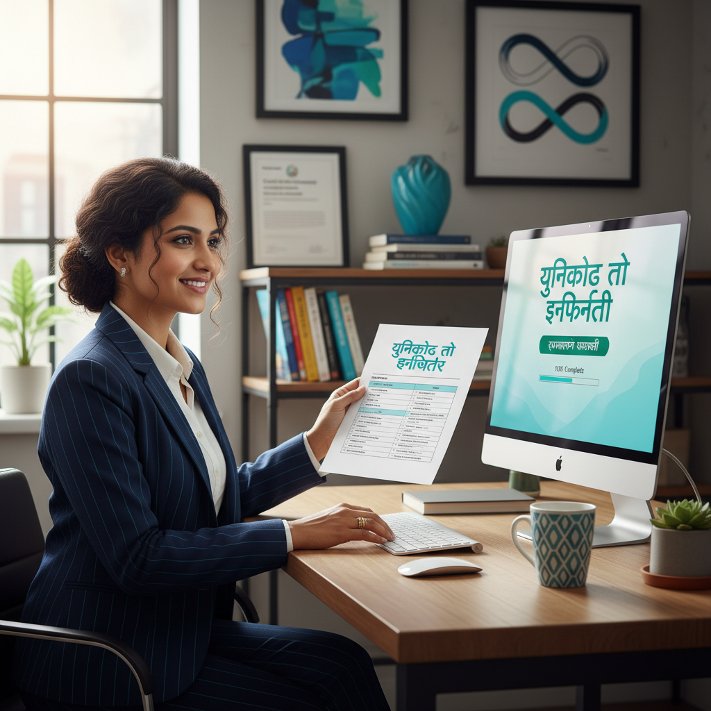 युनिकोड टू इन्फिनिटी कन्व्हर्टर वापरून यशस्वी रूपांतरण करणारी व्यावसायिक महिला.