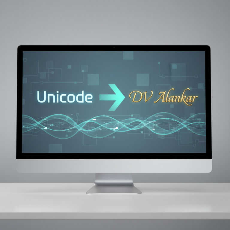 Conceptual image of data flowing through a Unicode to DV Alankar conversion tool