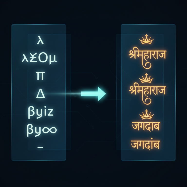 यूनिकोड टू शिवाजी कनवर्टर प्रक्रिया को दर्शाती डिजिटल स्क्रीन।