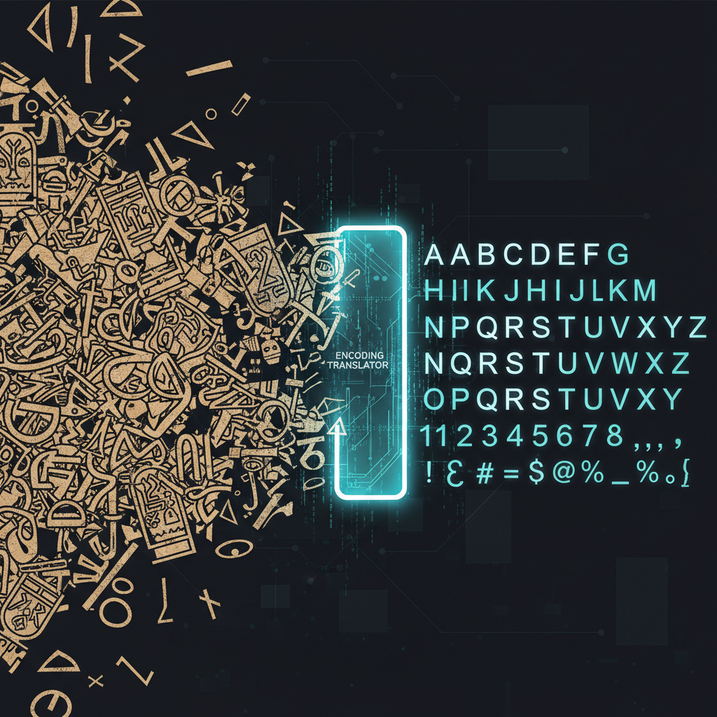 Encoding Transformation Flow Abstract graphic showing data encoding and decoding from proprietary systems to Unicode standard.