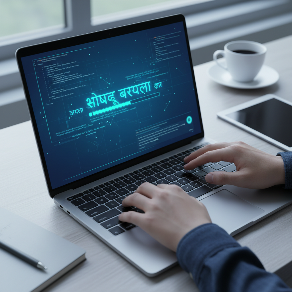 टेक्स्ट कन्वर्ज़न टूल लैपटॉप पर यूनिकोड टेक्स्ट टाइप करते हुए उपयोगकर्ता।