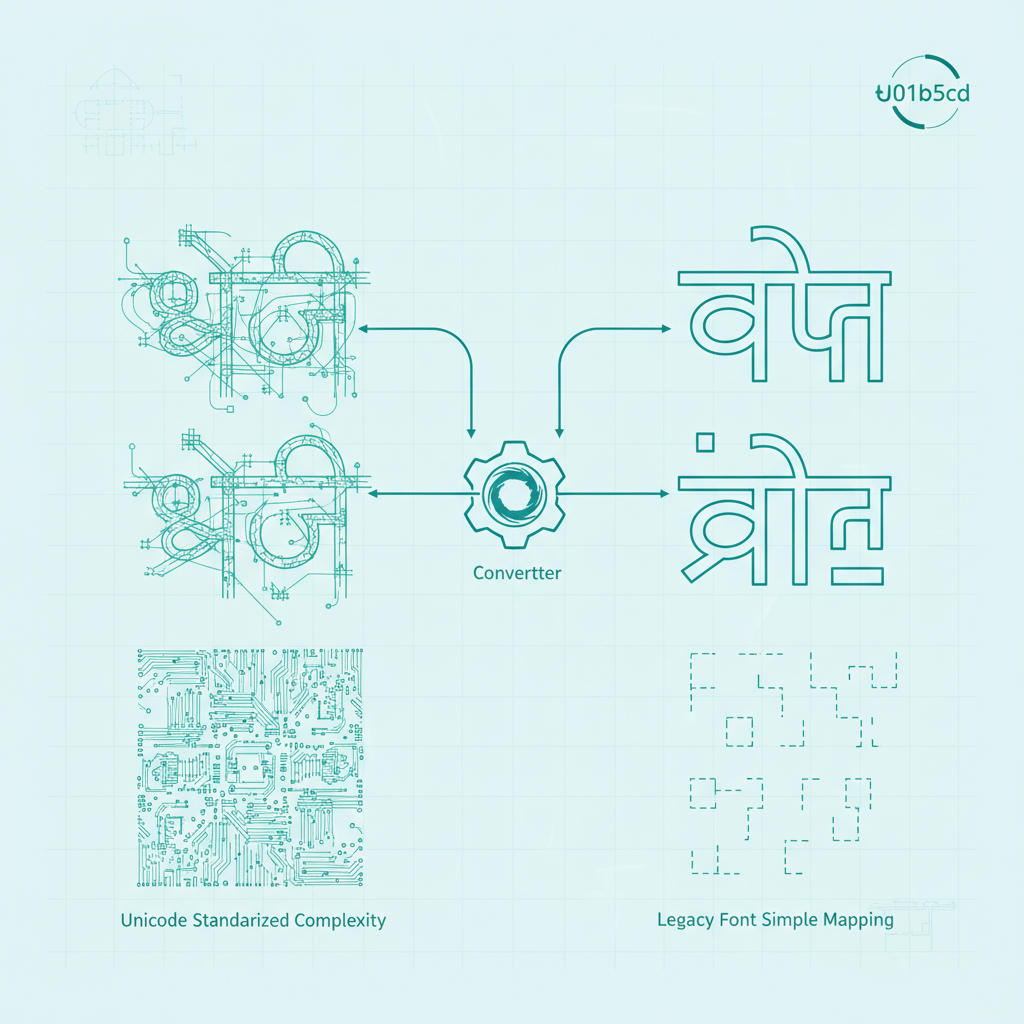Technical Encoding Differences A visualization of the technical differences between Unicode mapping and AMS legacy encoding.