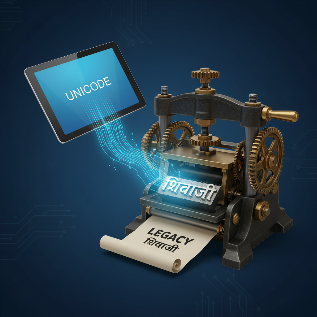 रूपांतरणाचे तांत्रिक स्वरूप डेटा प्रवाह: युनिकोड प्रणालीतून लेगसी फॉन्ट सिस्टीममध्ये.